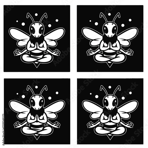 Four black and white images of a bee meditating in a lotus position with a black background.