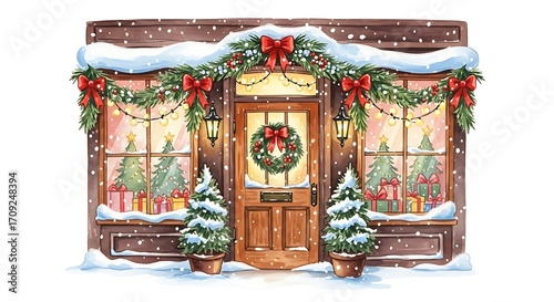Watercolor christmas shop facade with snow, trees, presents, wreath, garland, and red bows decor