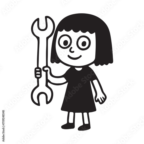 Girl Holding Wrench Tool Repair Mechanic.
