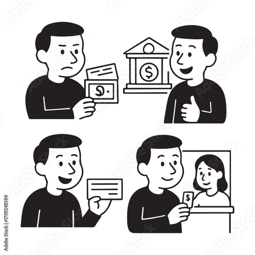 Hand drawn illustrations of personal finance and banking concepts.
