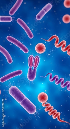 High-resolution microscopic view of diverse types of bacteria, showcasing their varied shapes and structures against a deep blue background.