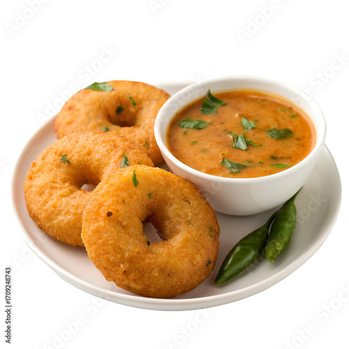 Three golden fried ring shaped vadas with sambar and green chilies indian food fried food