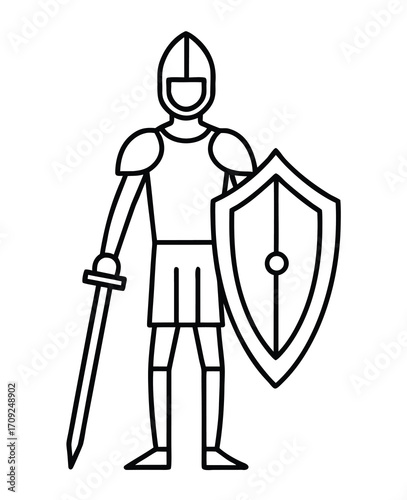Outlined medieval knight with sword and shield ready for battle showcasing traditional armor and strength