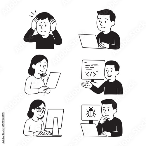 Diverse people working on computers coding and debugging software.
