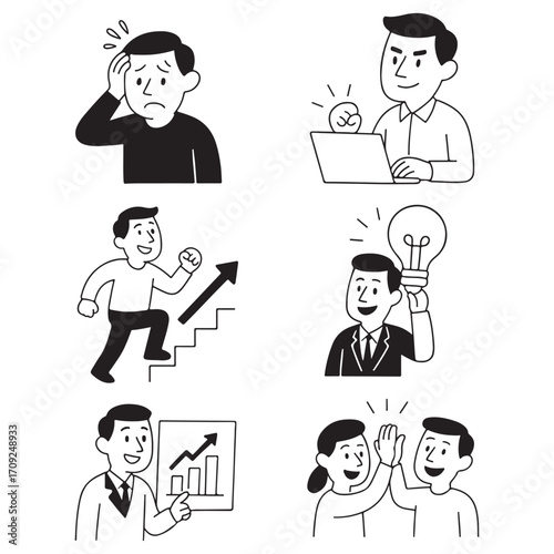 Business people in various situations from stress to success illustrating different aspects of professional life and career progression.
