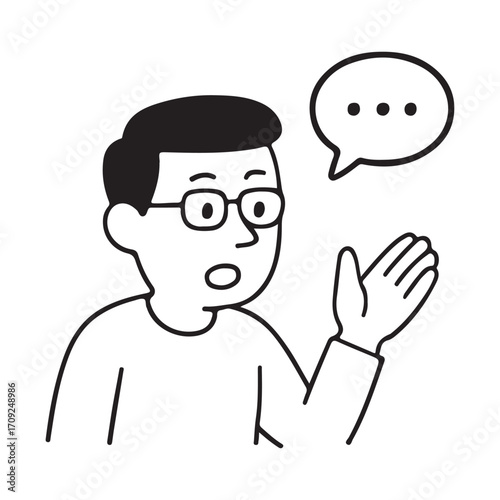 Man with glasses talking with speech bubble.

