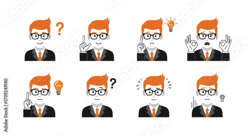 Business Person with Orange Hair Expressions of Idea, Question and Solution