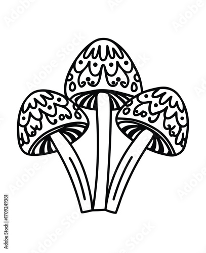 Three psychedelic mushrooms black and white line art illustration design element isolated
