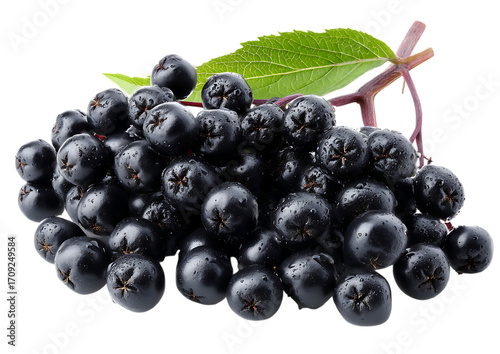 Pile of fresh chokeberries with leaves transparent PNG isolated background