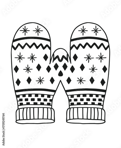 Black and white mittens illustration with geometric winter pattern design isolated on white background