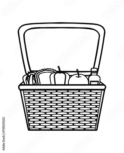 Outline of a wicker picnic basket filled with various food items for a picnic