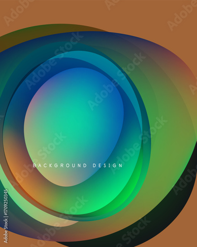 Abstract circular layers blend vibrant colors. Gradient transitions create dynamic visual effect. Design features teal, orange, blue hues.