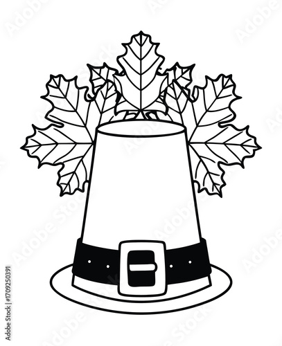 Thanksgiving Pilgrims Hat with Maple Leaves in a Black and White Isolated Design