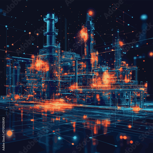 Futuristic oil refinery at night with glowing digital network overlay. It can represent technology, energy, industry, or future development. , vector style simple color