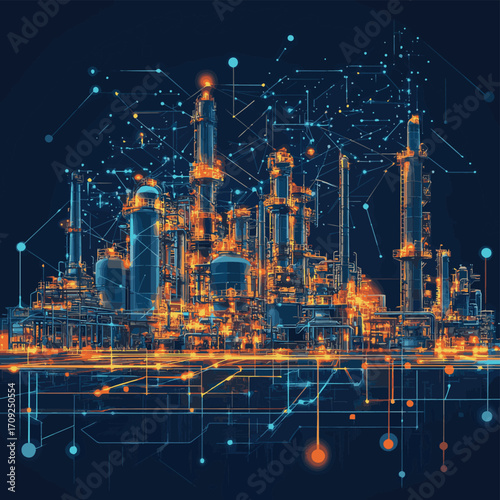 Futuristic oil refinery at night with glowing digital network overlay. It can represent technology, energy, industry, or future development. , vector style simple color