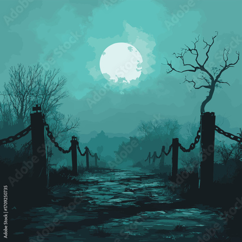 Horror ghost chains graveyard eerie metal ground foggy atmosphere , vector style simple color