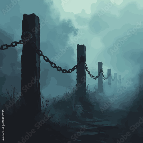 Horror ghost chains graveyard eerie metal ground foggy atmosphere , vector style simple color