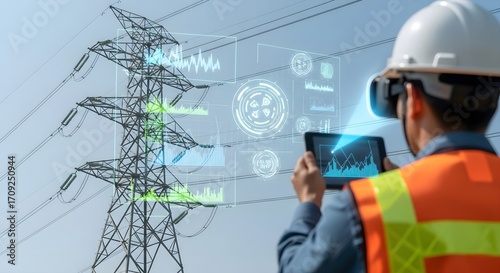 A utility worker uses an augmented reality tablet with a holographic display for smart grid maintenance on a high-voltage transmission tower.