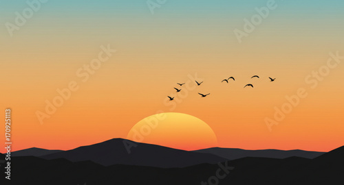 Dusk sky in the mountains with birds flying 