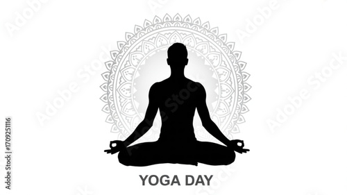 International yoga day celebration with meditating person silhouette and mandala background for wellness 100