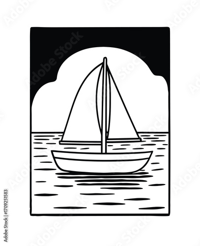 Elegant sailboat gliding across calm waters in a simple black and white design