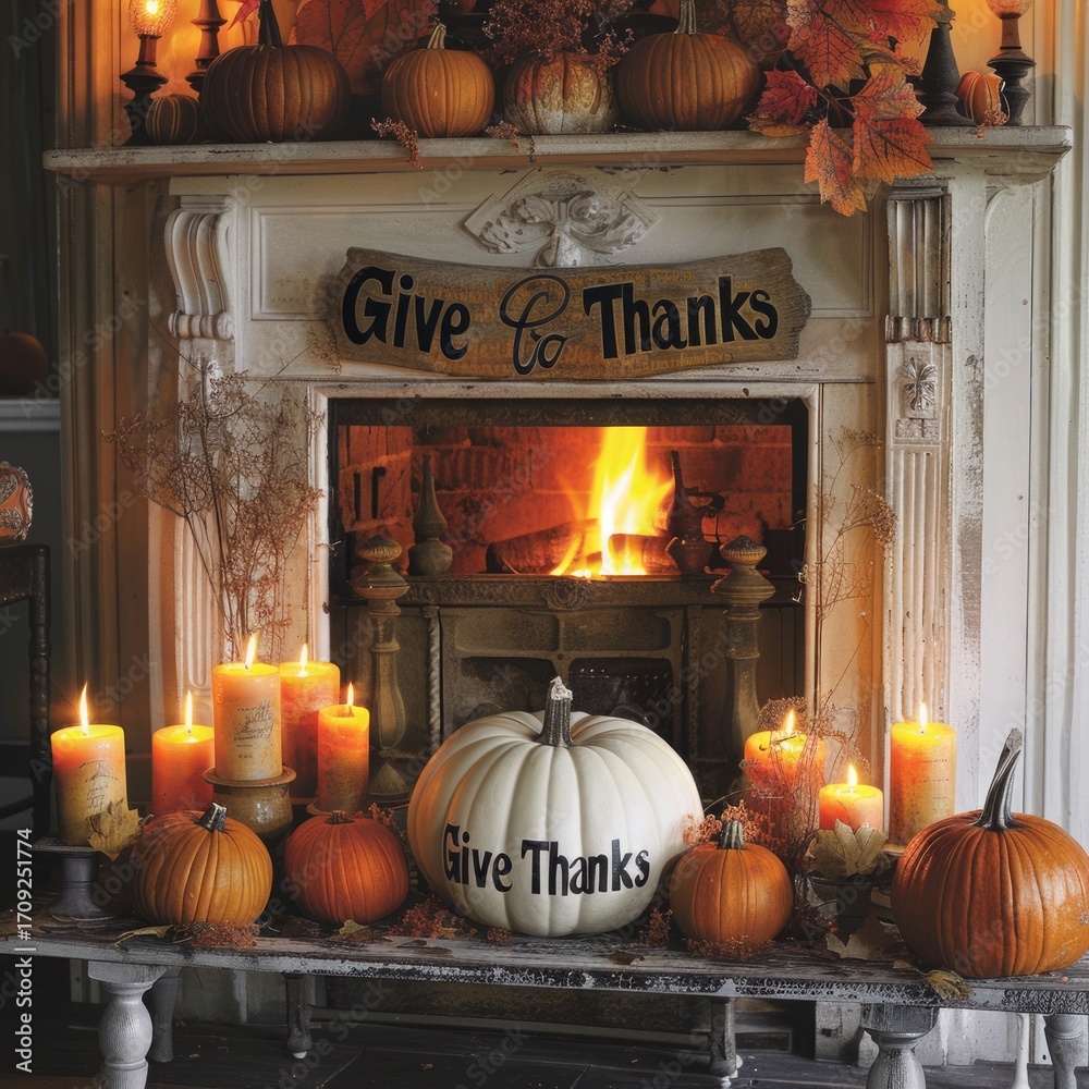 Obraz premium a thanksgiving fireplace decorated with candles, pumpkins, and a Give Thanks sign