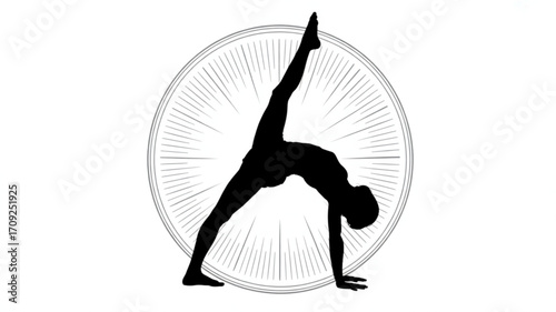 Yoga pose silhouette illustration for fitness and wellness with sunburst background for exercise and health