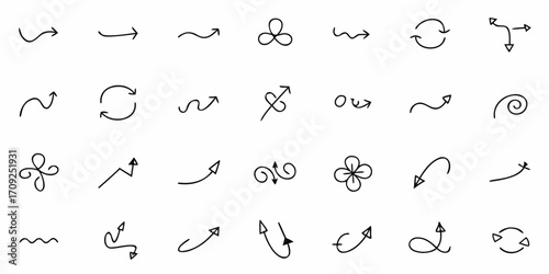 Vector illustration of a collection of various hand drawn style arrows and directional indicators in black and white