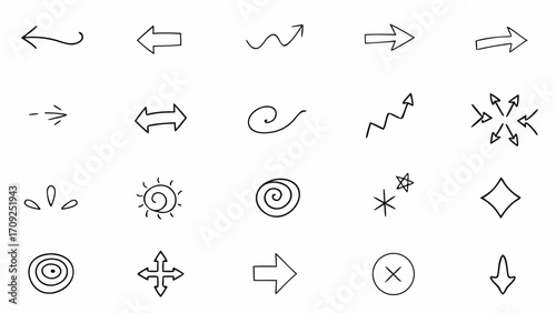 Vector collection of hand drawn arrows spirals and other directional and decorative elements in black and white