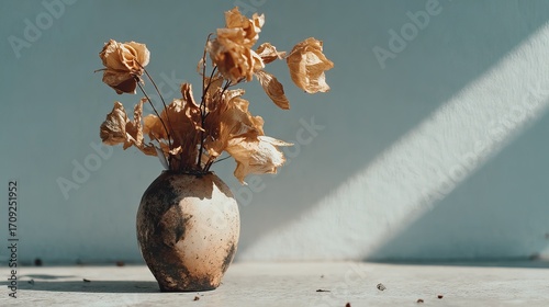 Dried Flowers in Rustic Vase with Natural Light and Shadow Play on Surface for Minimalist Home Decor