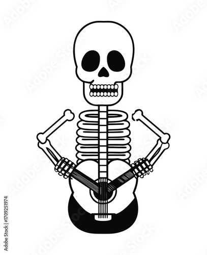 Day of the Dead skeleton playing guitar black and white illustration design