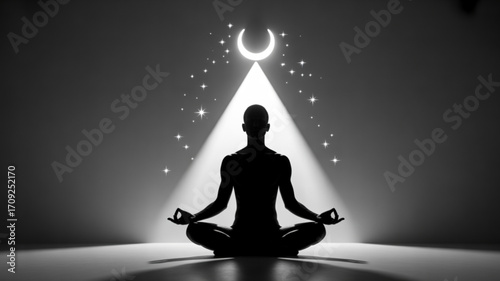 Meditation yoga silhouette with moon and stars spiritual wellness mindfulness zen peace relaxation 100