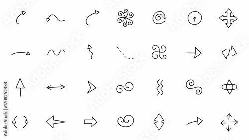 Vector collection of hand drawn arrows and directional symbols in various styles and orientations on white background