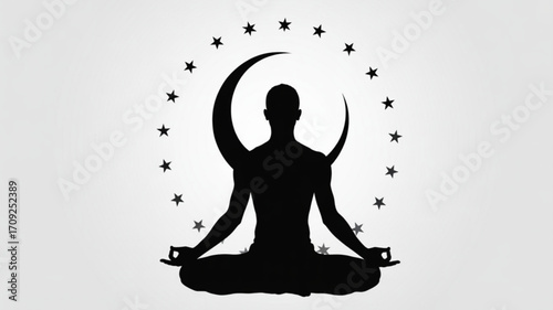 Meditation yoga silhouette with moon and stars for spiritual wellness and mindfulness practice design