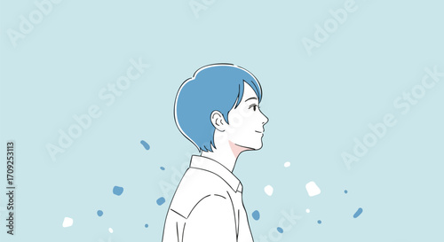 Man with Blue Hair Smiling Serene in Calm Blue Ambiance Illustration