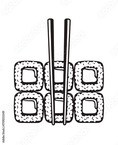 Hand drawn sushi maki rolls with chopsticks vector illustration for restaurant concept
