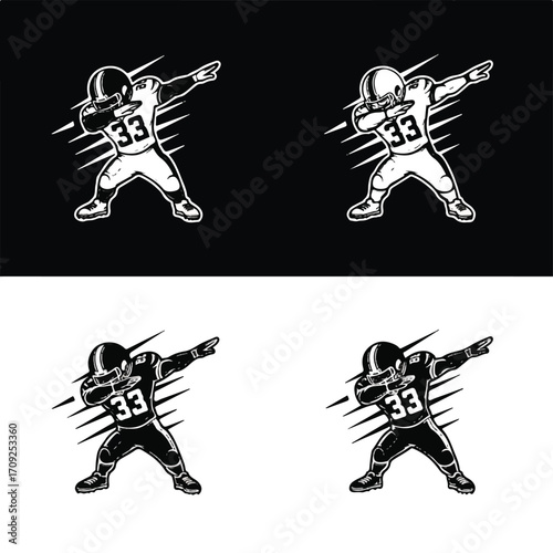 American football player dabbing, monochrome illustration on black and white backgrounds.