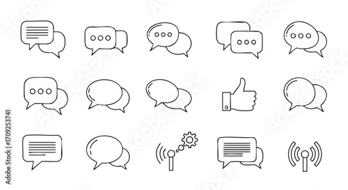 Modern communication icons like speech bubbles, likes, and signals represent digital conversation and connection