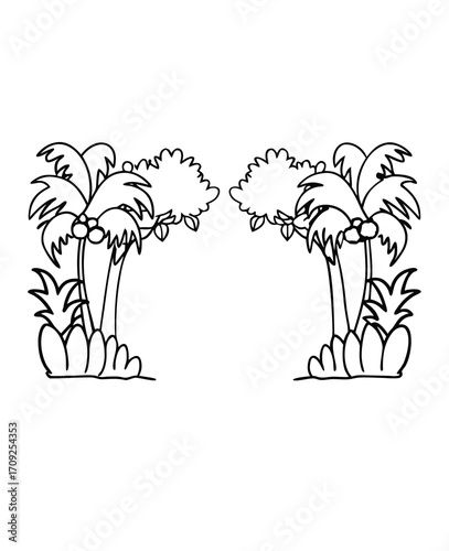 Cartoon illustration of palm trees with coconuts and shrubbery on a white background