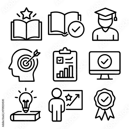 Collection of Education Success and Achievement Icon Outlines.