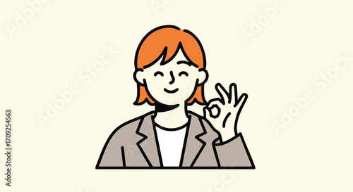 Smiling Woman Gesturing Okay Sign, Cartoon Style Image for Positive Approval