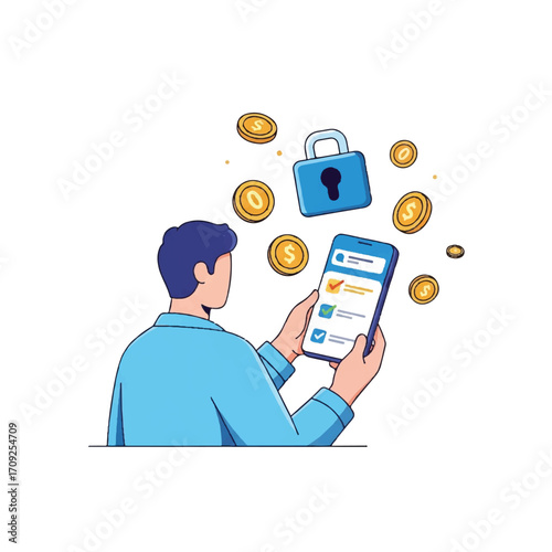 Illustration of a man using a smartphone with a padlock and coins floating above, symbolizing secure online transactions or financial security.