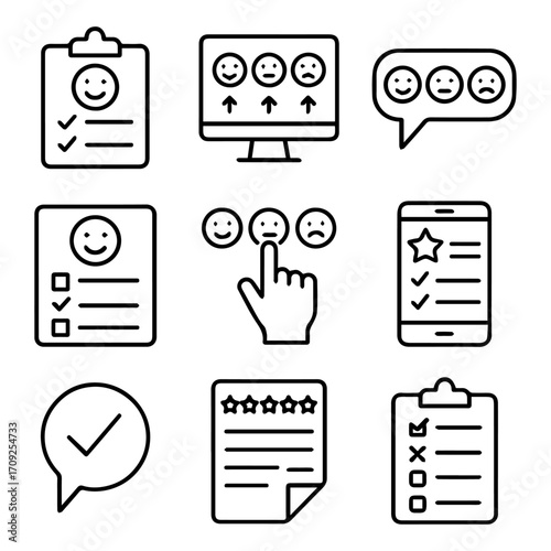 Collection of Feedback Icons Checklists Emojis and Star Ratings.
