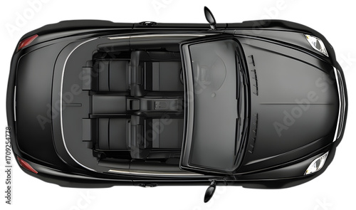 Overhead view of a luxurious black convertible car isolated on transparent background