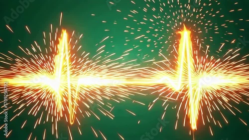 Glowing heartbeat pulse line made of bright sparks on green background
