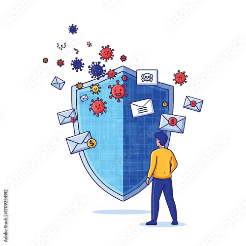 A man stands facing a large blue shield with emails and colorful virus particles bouncing off it against a clean white background.