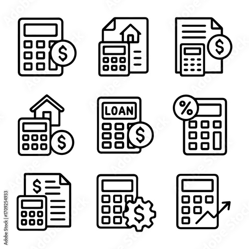 Collection of Financial Icons with Calculators Documents and Homes.