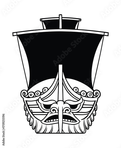 Front view of a Viking ship with detailed carving and menacing figurehead vector image