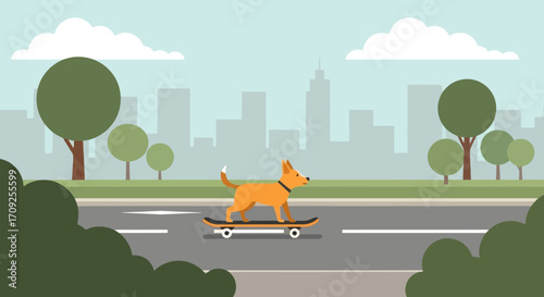 Whimsical Illustration of a Dog Skateboarding Through a City Park, Perfect for Children's Books, Educational Materials, and Promoting Outdoor Activities.