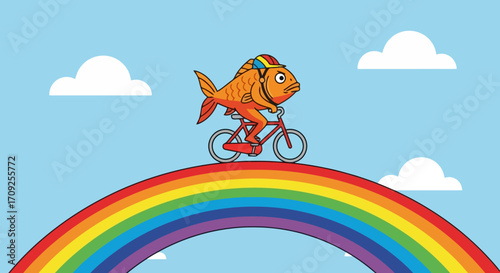 Whimsical Illustration of a Goldfish Riding a Bicycle on a Rainbow Against a Blue Sky, Ideal for Children's Books and Educational Material.